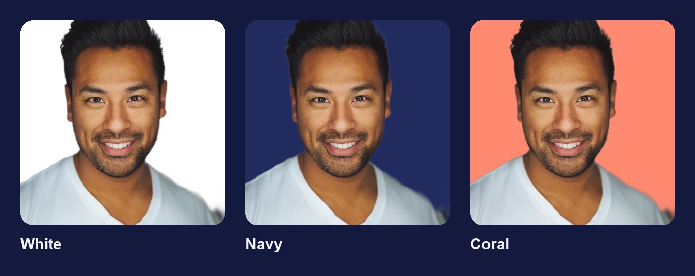 The same cut-out portrait on white, navy and coral backgrounds