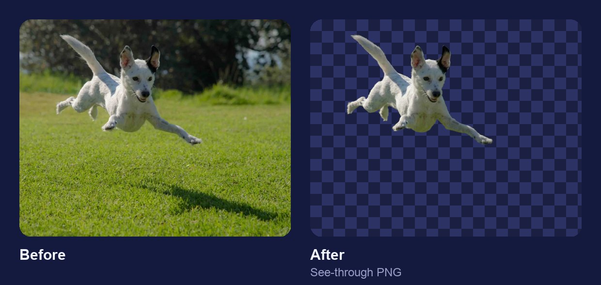 A dog leaping over grass, then the same dog cut out onto a see-through checkerboard