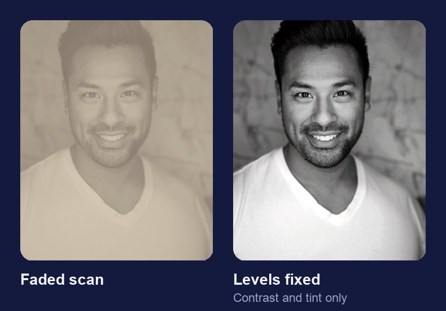 A faded, tinted scan of a portrait next to the same scan with contrast and tint corrected