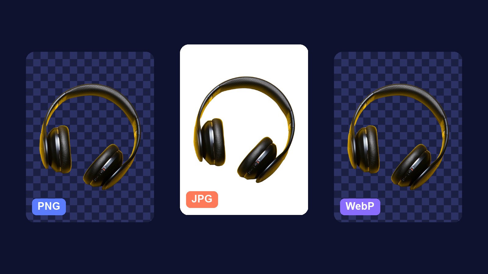 A pair of headphones saved three ways: PNG and WebP keep the see-through background, JPG is on white