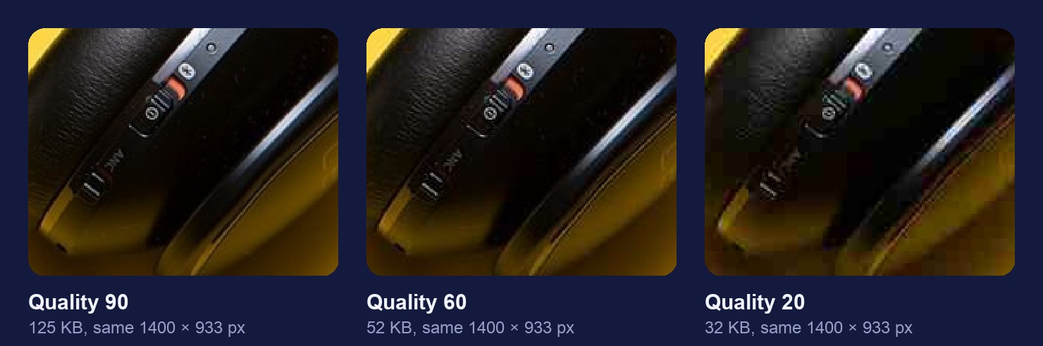 A close-up of headphones saved as JPG at quality 90, 60 and 20, with the file size of each