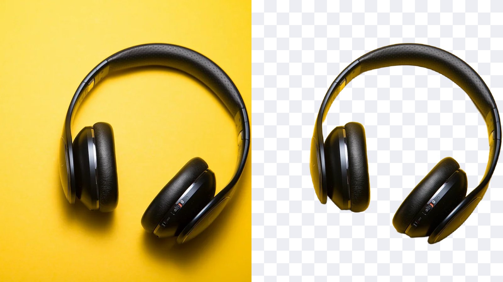 Black headphones on a yellow background, then the same headphones cut out onto a see-through checkerboard
