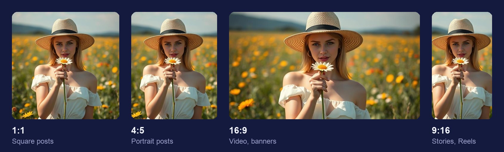 The same photo cropped square, 4:5, 16:9 and 9:16