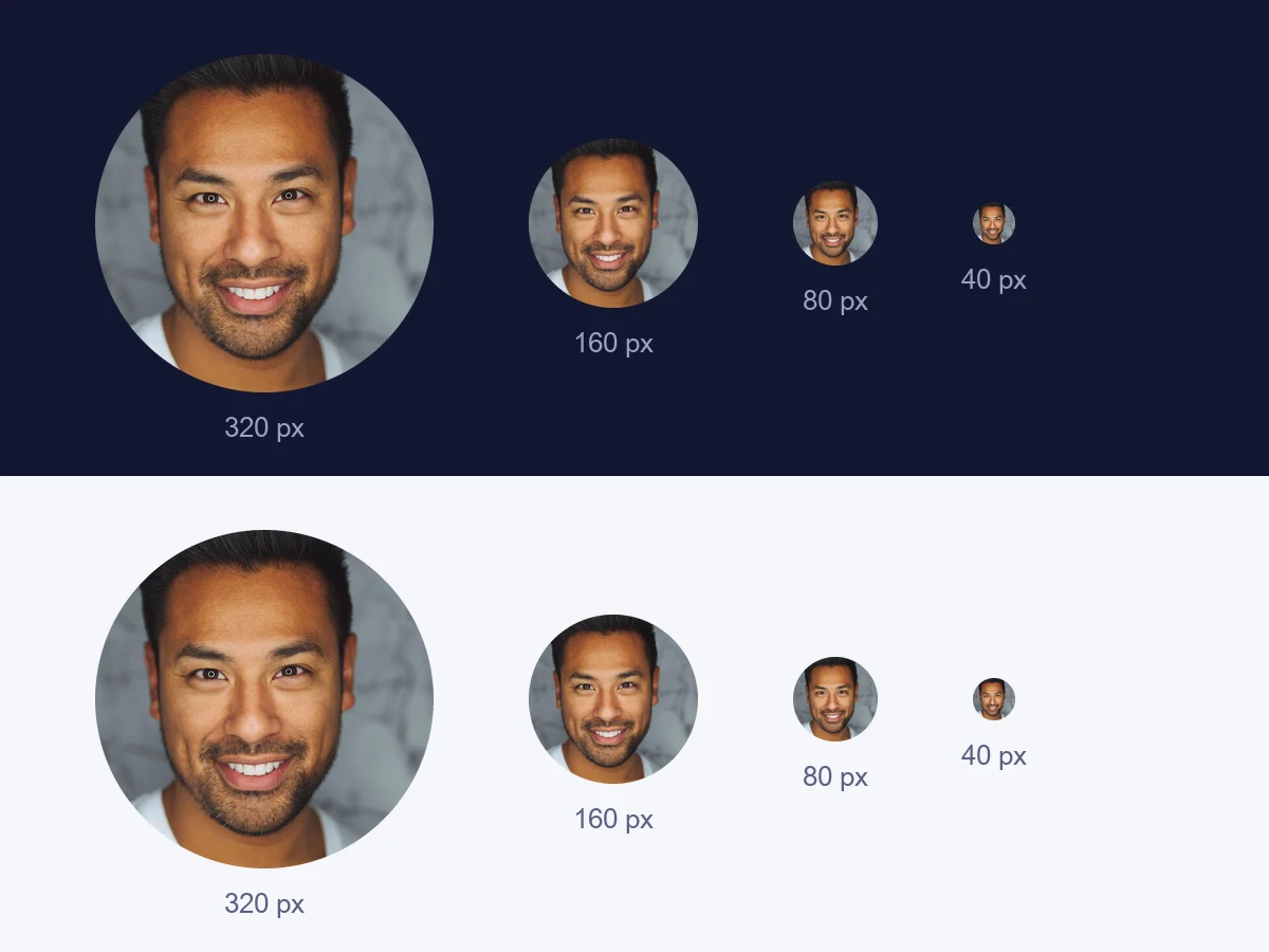 The same round profile picture at 320, 160, 80 and 40 pixels on a dark and a light background