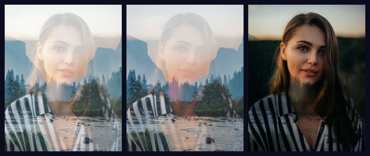 The same portrait and valley blended three ways: Screen, Lighten and Multiply