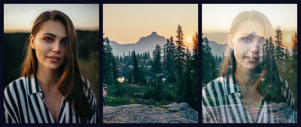 A portrait, a pine forest at sunset, and the two blended into one double exposure