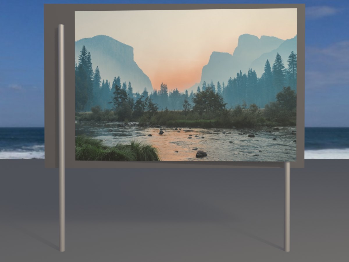 Billboard GIF showing a mountain landscape photo on a roadside board by the sea