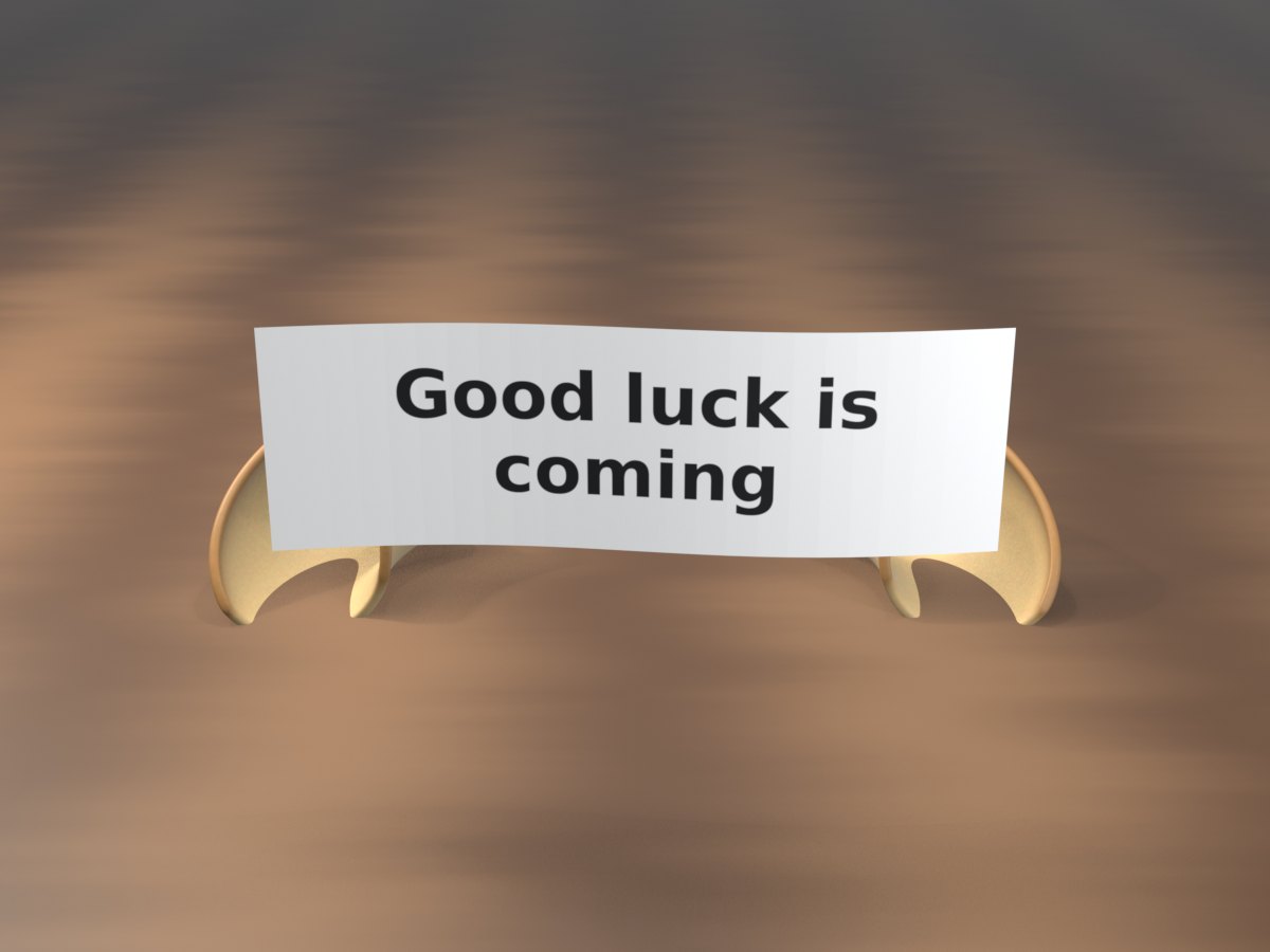 Fortune cookie GIF: a cookie cracked in two on a wooden table, with a paper fortune reading Good luck is coming