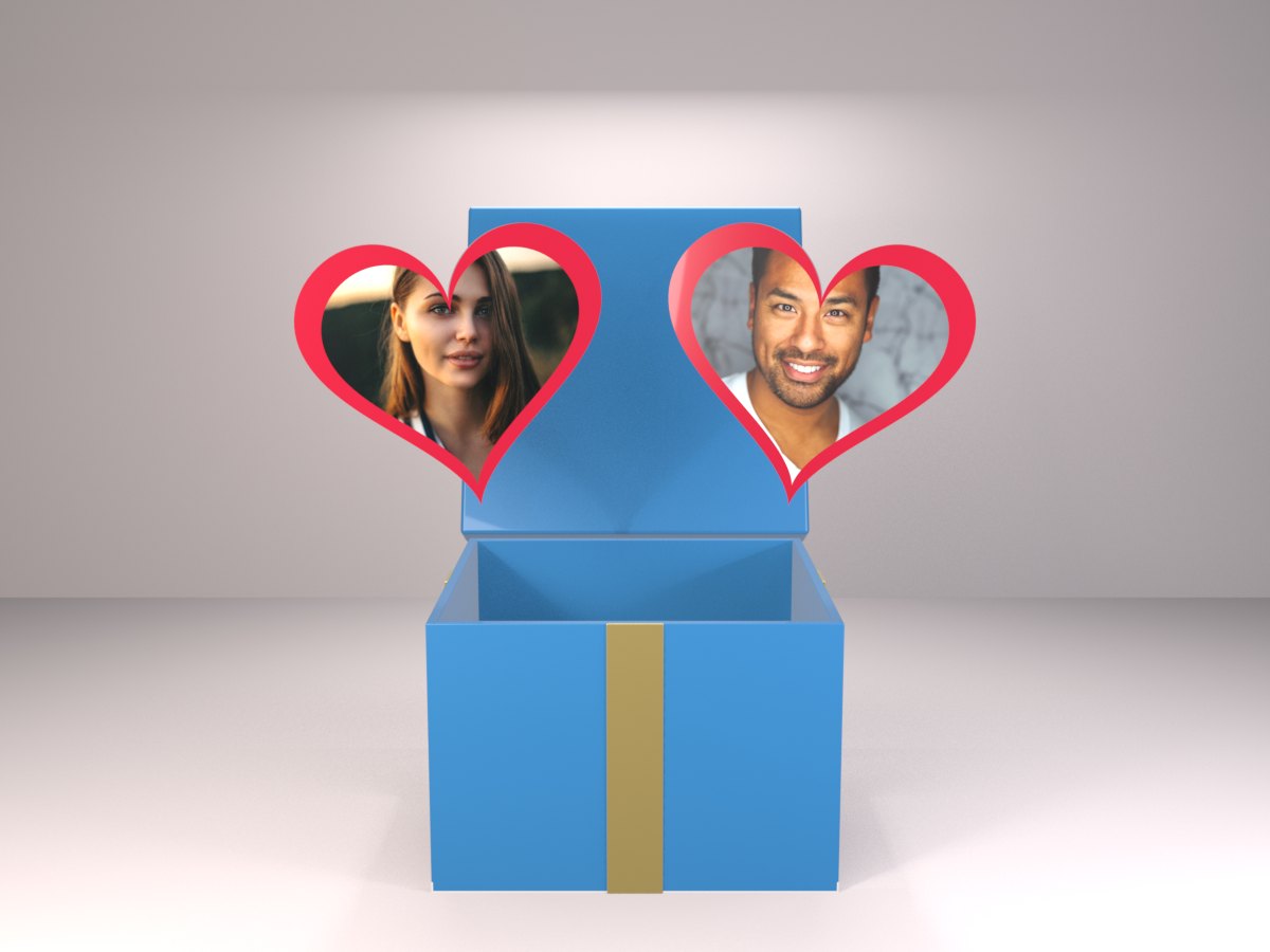 Gift box GIF with two red heart frames showing a woman and a man, risen out of an open blue gift box