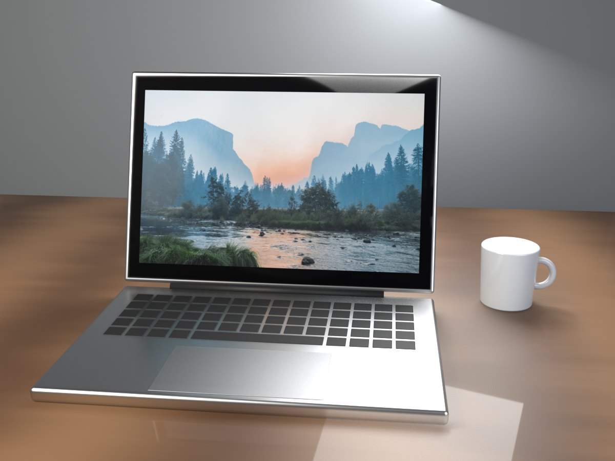 Laptop GIF on a wooden desk, the open screen showing a mountain landscape photo