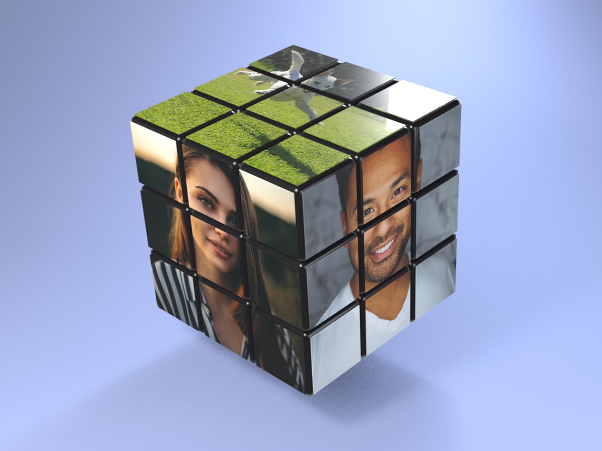 Puzzle cube GIF with a woman on the front, a man on the side and a dog on top, the layers twisting apart