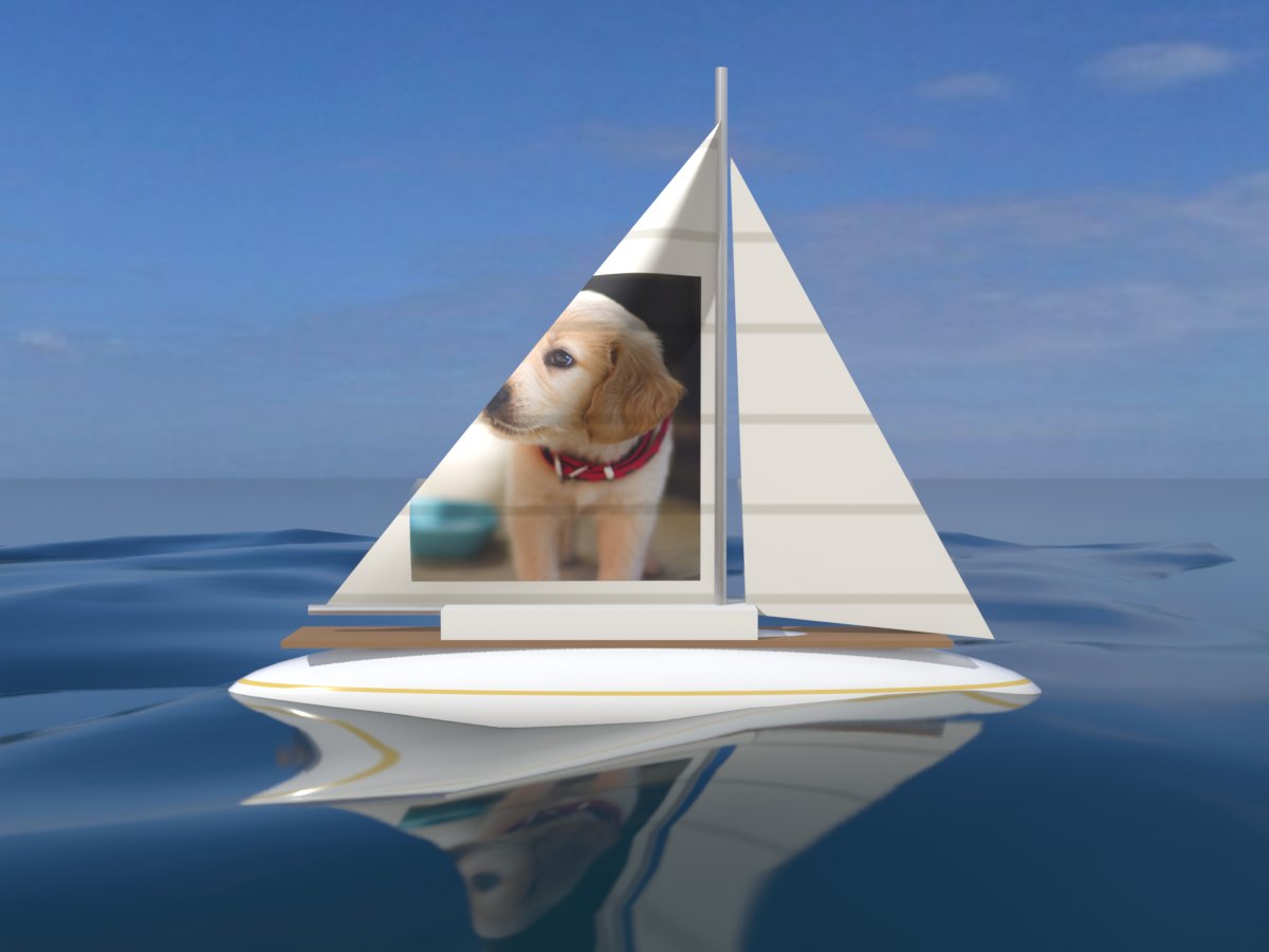 Sailboat GIF with a puppy photo on the sail, reflected in blue water